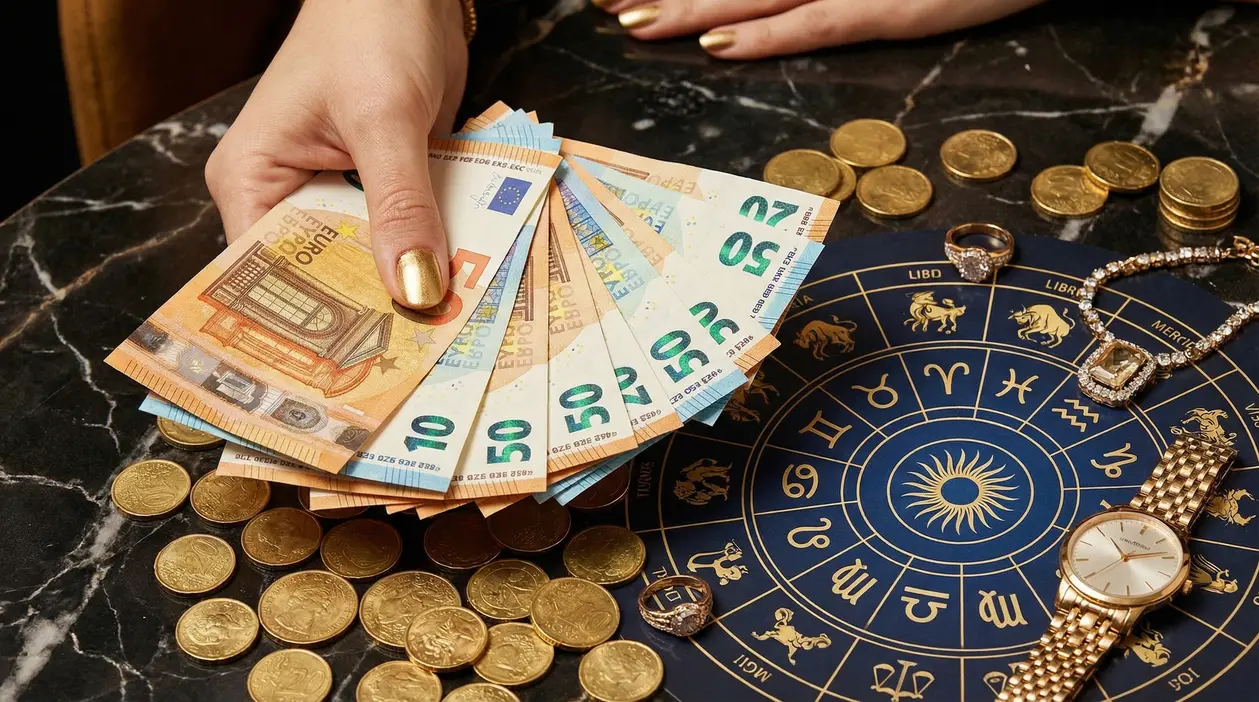 Mani con banconote in euro, monete e oggetti di lusso su una tavola con simboli zodiacali