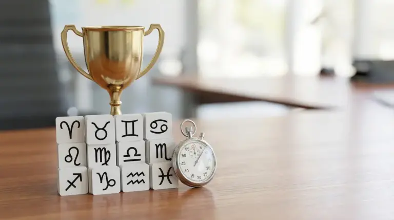 Cubo con simboli zodiacali, un trofeo dorato e un cronometro su un tavolo.