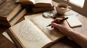 Una persona consulta una mappa astrologica su un libro antico con una penna in mano