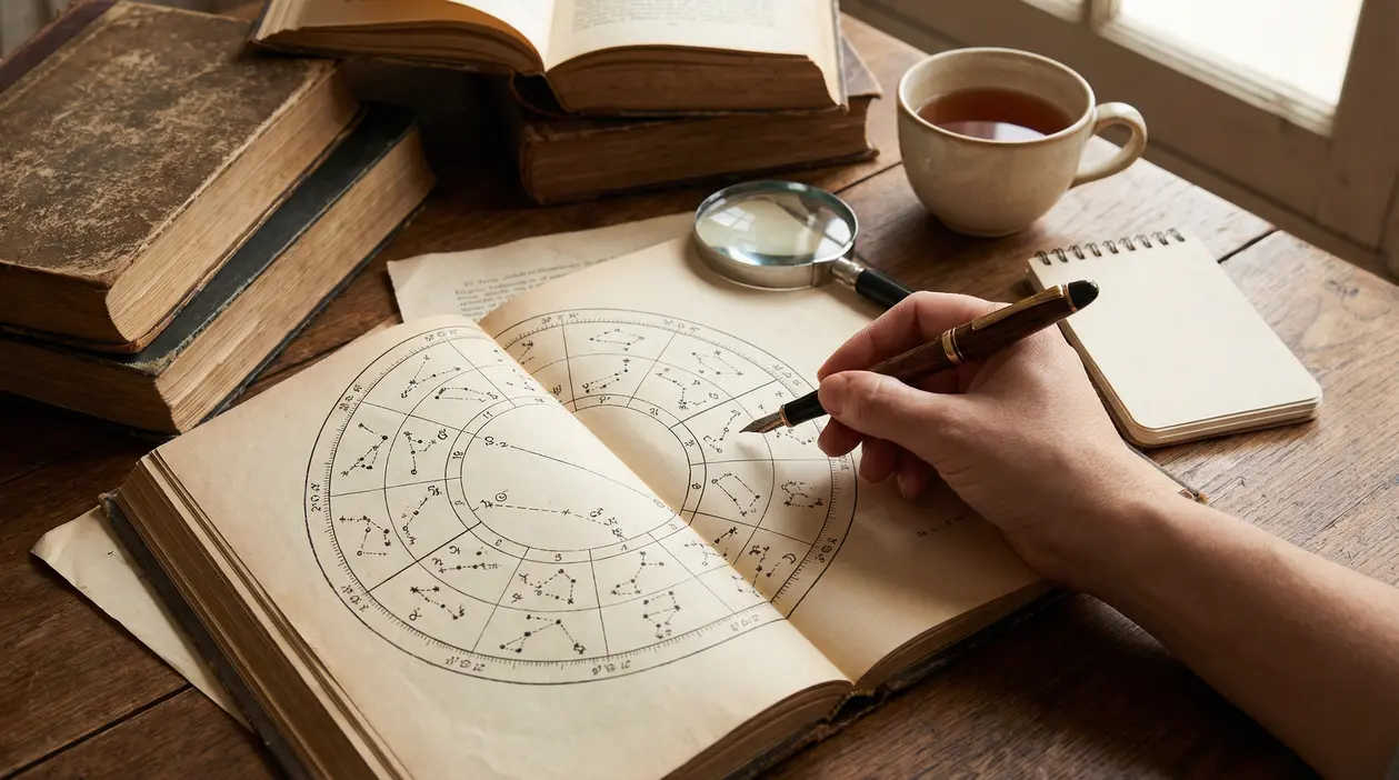 Una persona consulta una mappa astrologica su un libro antico con una penna in mano