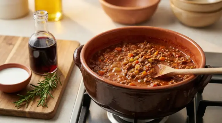 Pentola di terracotta sul fornello con ragù alla bolognese in cottura e cucchiaio di legno