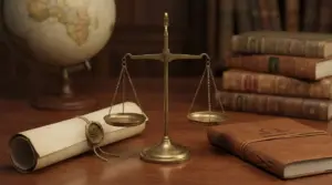 Bilancia dorata su scrivania con libro rilegato e pergamena con simbolo della Bilancia