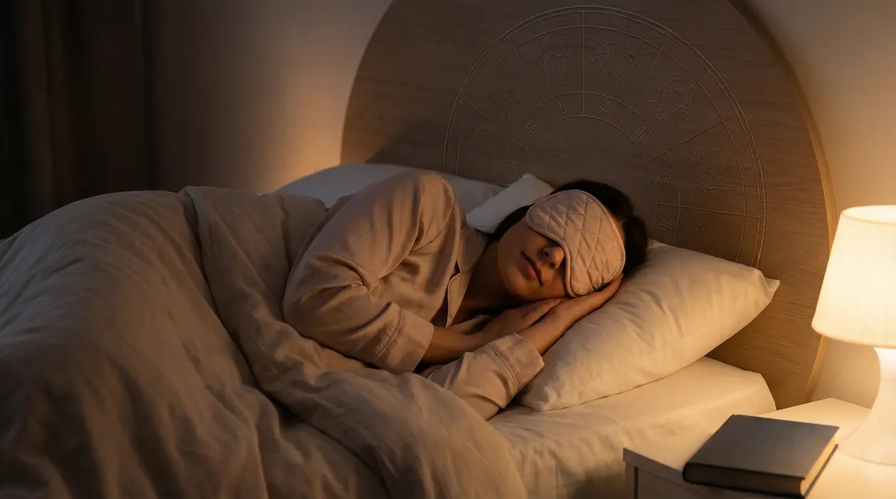 Persona che dorme con mascherina in una stanza tranquilla, testiera con simboli zodiacali visibili