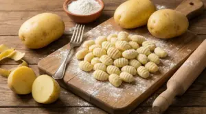 Gnocchi fatti in casa su un tagliere con patate e farina