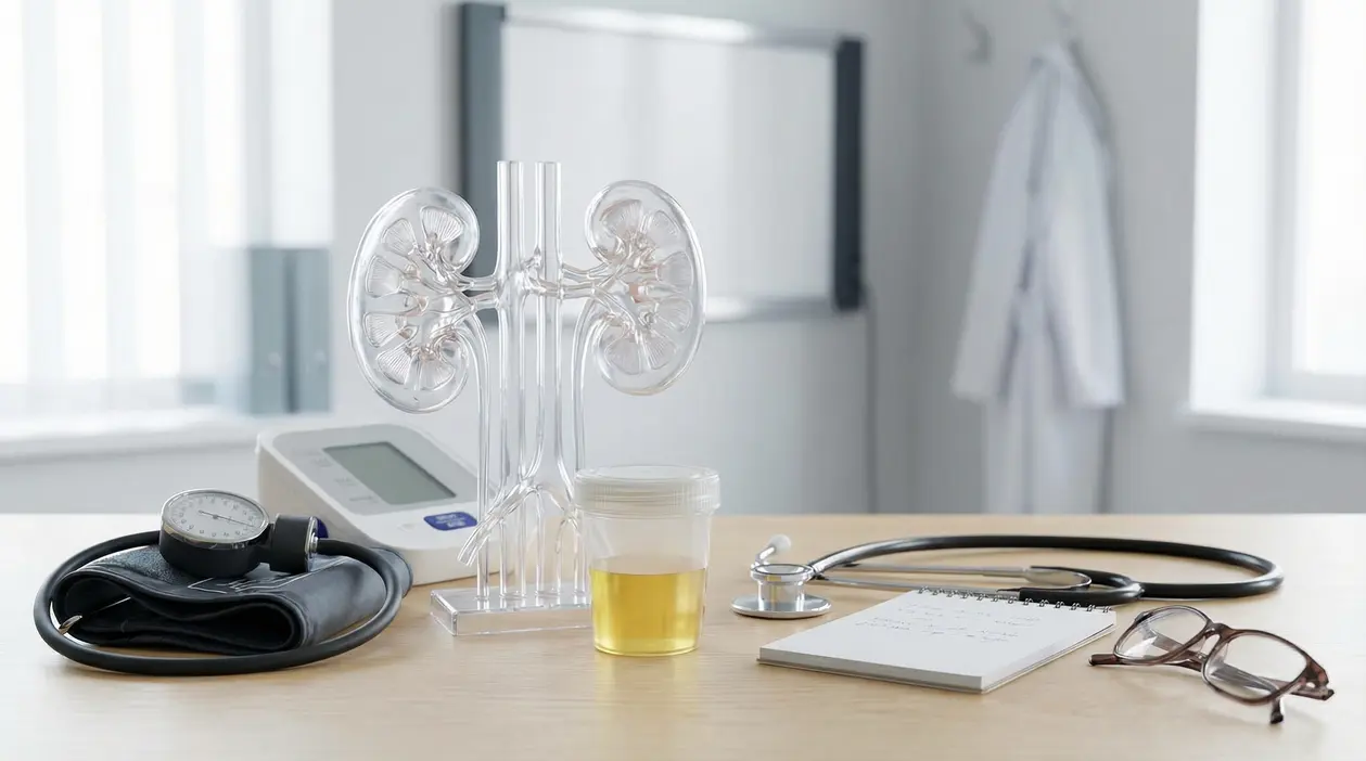 Modello trasparente di reni su scrivania medica con strumenti diagnostici