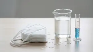 Mascherine FFP2 accanto a un bicchiere d'acqua e una provetta graduata su un tavolo