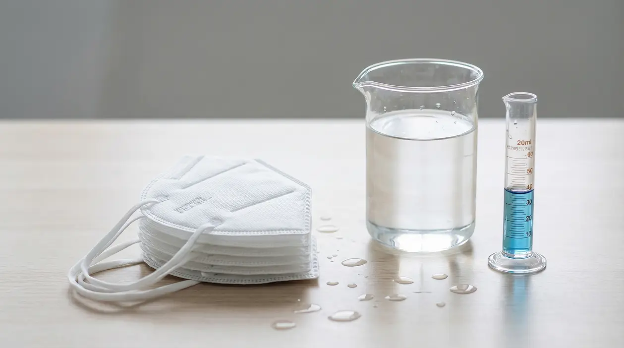 Mascherine FFP2 accanto a un bicchiere d'acqua e una provetta graduata su un tavolo
