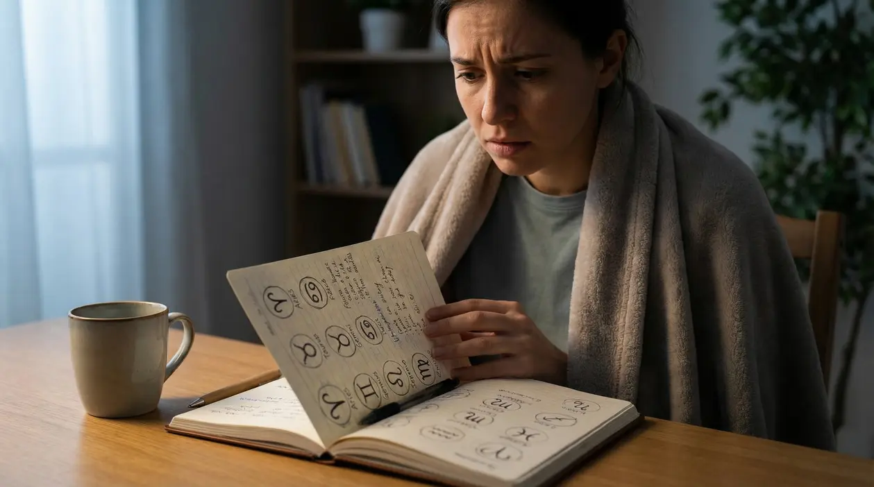 Persona che osserva un quaderno con simboli zodiacali seduta a un tavolo