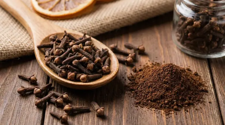 Chiodi di garofano interi e macinati su un tavolo di legno con cucchiaio di legno