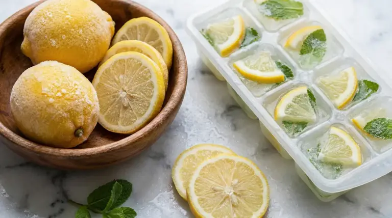 Limoni congelati interi e a fette con cubetti di ghiaccio al limone e menta