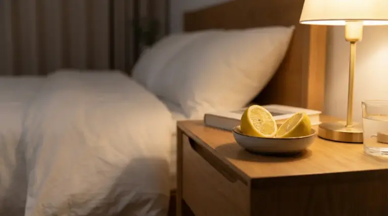 Metà limone su un piattino poggiato su un comodino accanto a un letto