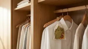 Camicia bianca appesa in un armadio con un sacchetto profumato fatto in casa