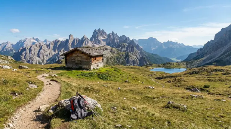 Sentiero di montagna con baita in legno e vista panoramica sulle Dolomiti e un lago alpino
