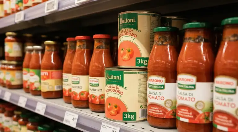 Barattoli e bottiglie di salsa di pomodoro sugli scaffali di un supermercato