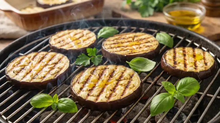 Fette di melanzane grigliate su una griglia con foglie di basilico e prezzemolo