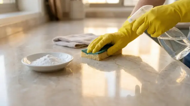 Persona con guanti pulisce una superficie in marmo con spugna e spray