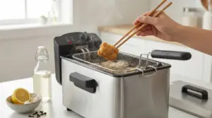 Una persona usa una friggitrice per cucinare del cibo fritto in cucina