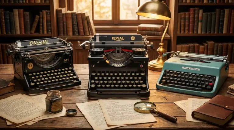 Tre macchine da scrivere d'epoca su un tavolo di legno in una biblioteca.