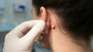 Esame medico di un nodulo dietro l’orecchio di una persona