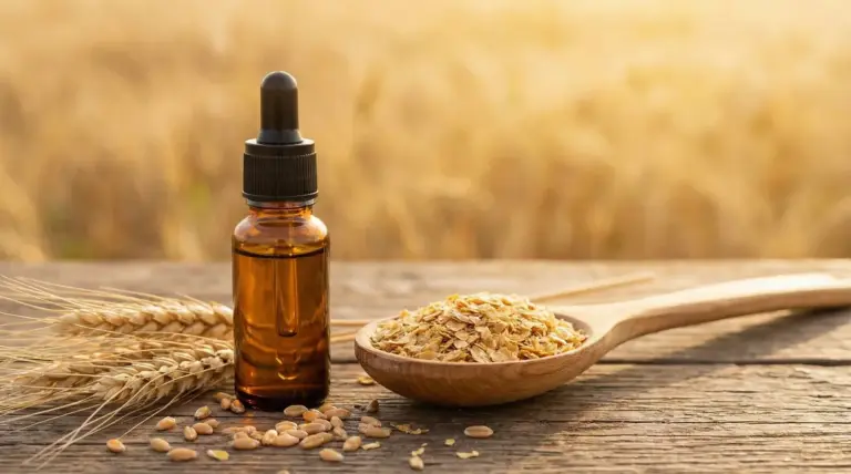 Boccetta di olio con contagocce accanto a cucchiaio di germe di grano su tavolo di legno