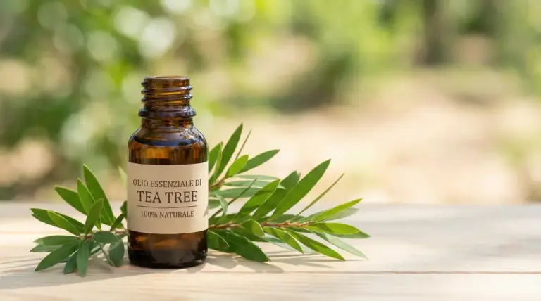 Boccetta di olio essenziale di Tea Tree con foglie verdi su tavolo di legno