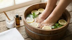 Una persona immerge i piedi in una bacinella con limone, menta e sale per un pediluvio casalingo