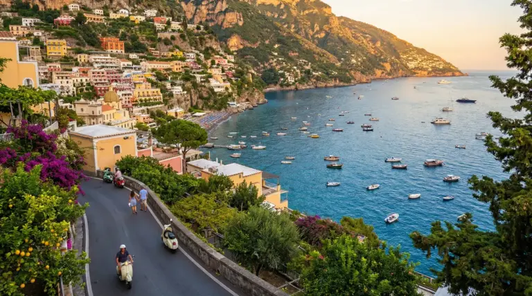 Veduta panoramica di una città costiera italiana con case colorate e barche nel mare