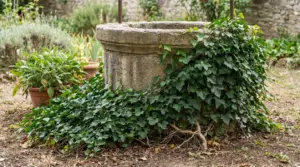 Pozzo in pietra ricoperto da edera in un giardino con vasi di piante