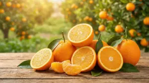 Arance fresche intere e tagliate su un tavolo di legno con sfondo di agrumeto