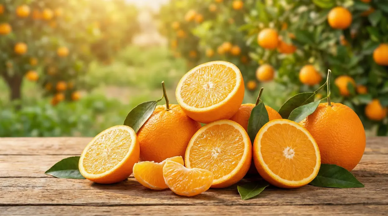 Arance fresche intere e tagliate su un tavolo di legno con sfondo di agrumeto