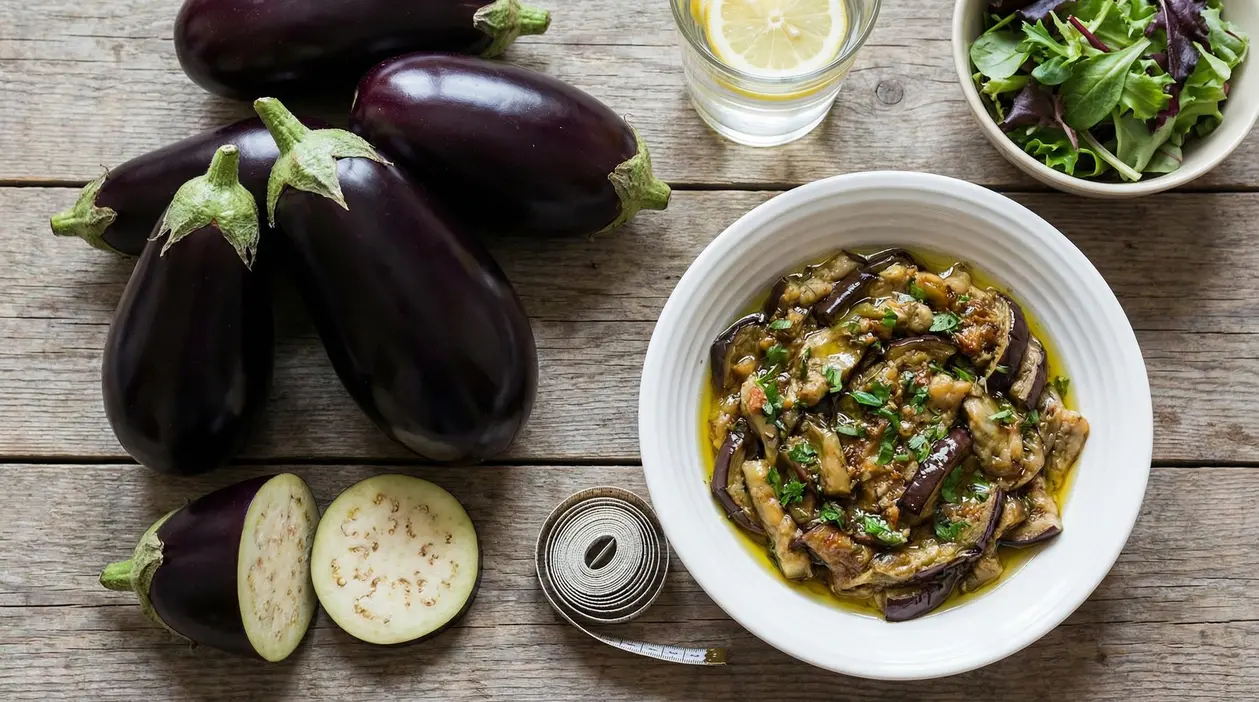 Melanzane crude e cotte in un piatto su un tavolo in legno, con insalata, acqua e metro da sarto