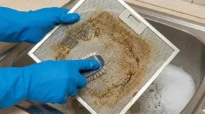 Filtro della cappa da cucina sporco di grasso mentre viene pulito con una spazzola