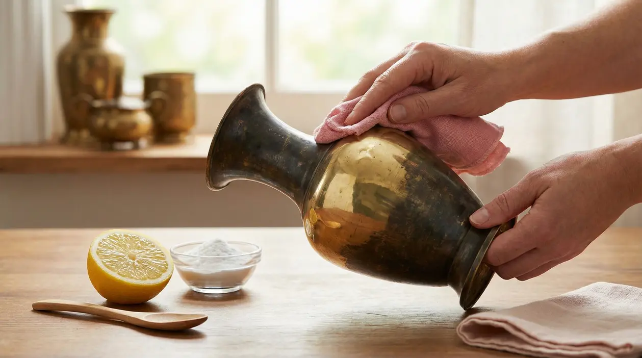 Mani che puliscono un vaso in ottone annerito con un panno, limone e bicarbonato sul tavolo.