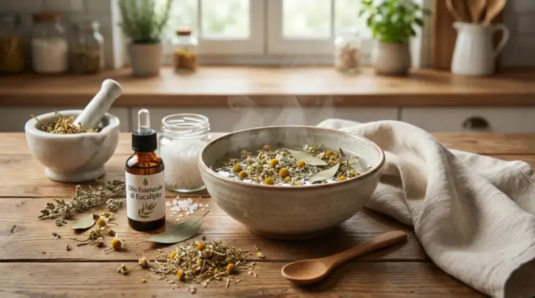 Ciotola di infuso alle erbe con olio essenziale ed erbe aromatiche su un tavolo in legno