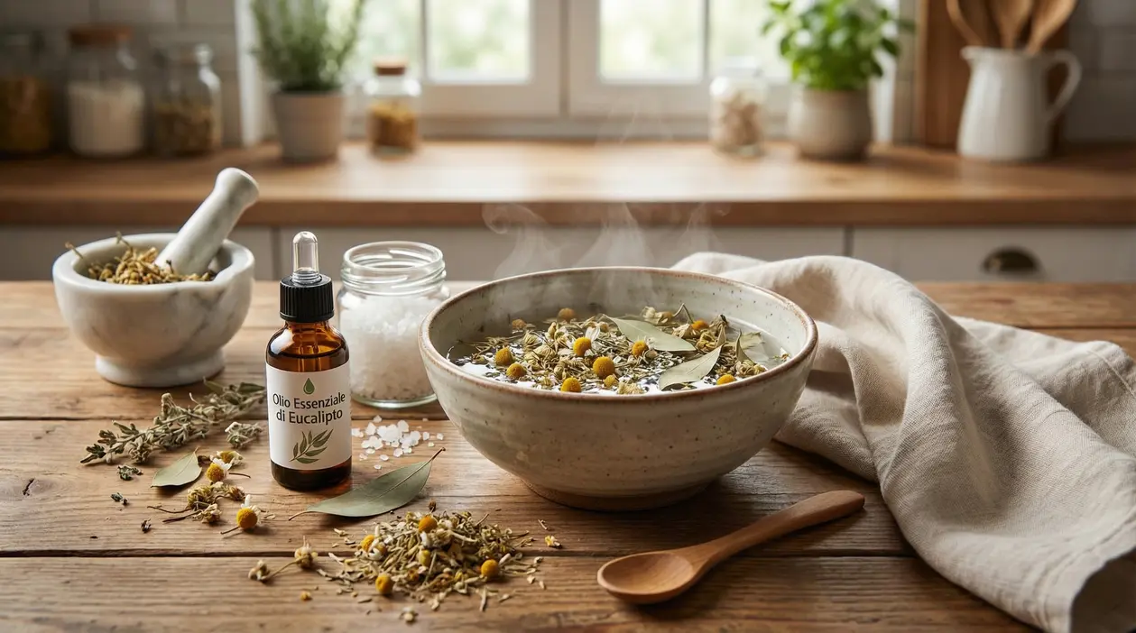 Ciotola di infuso alle erbe con olio essenziale ed erbe aromatiche su un tavolo in legno