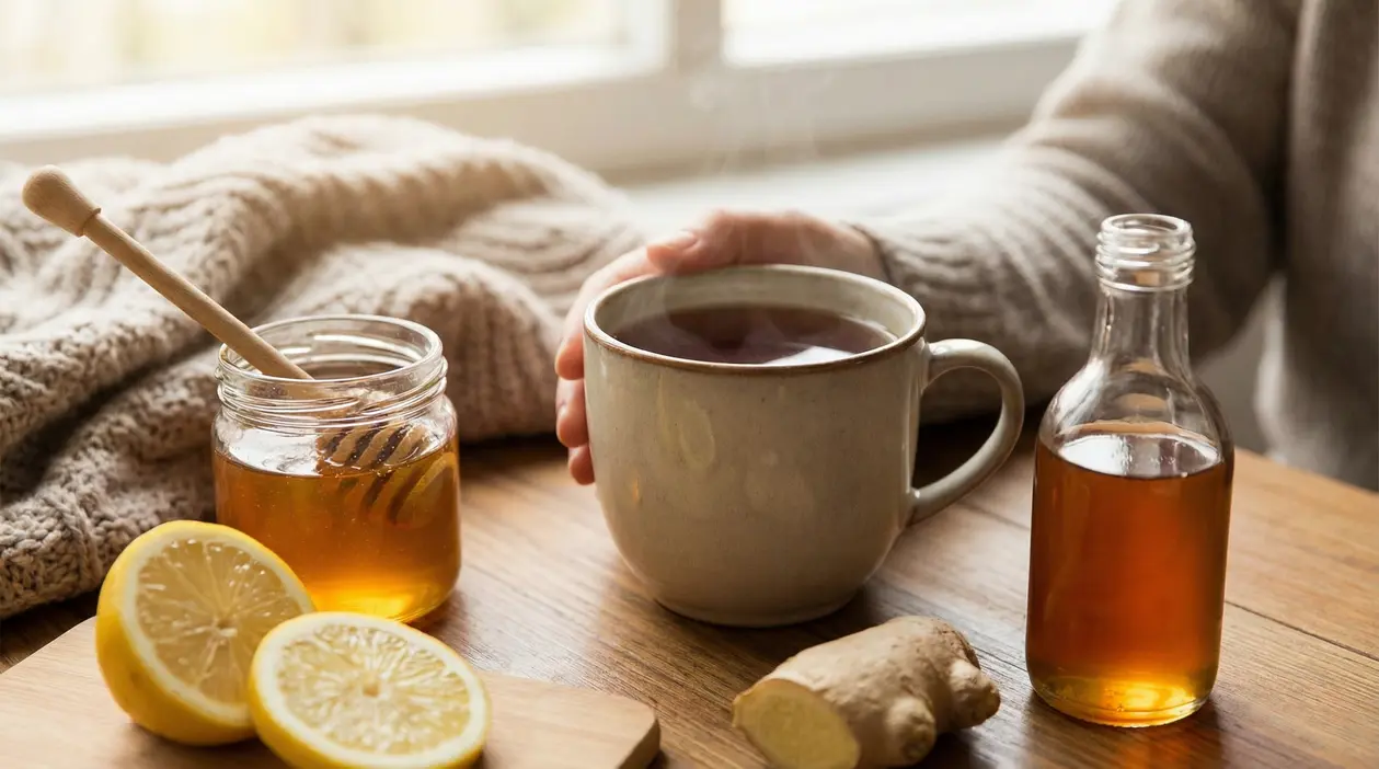 Tazza di tisana calda con miele, limone e zenzero su un tavolo