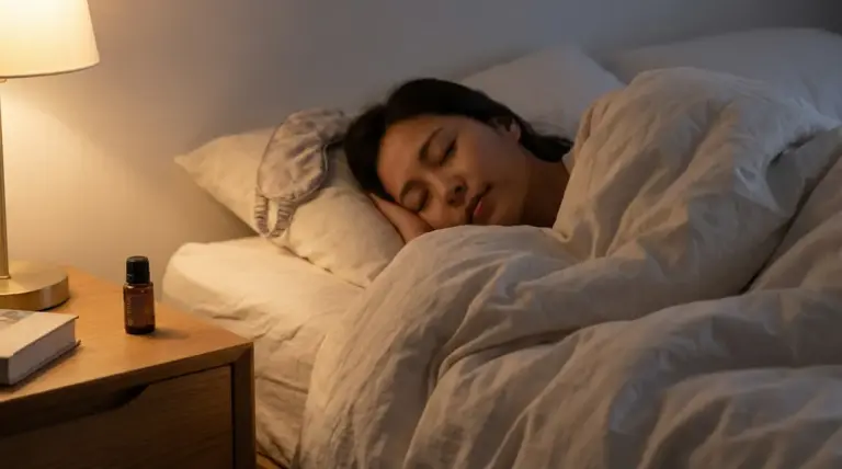 Persona che dorme serenamente a letto con luce soffusa e bottiglietta di olio essenziale sul comodino