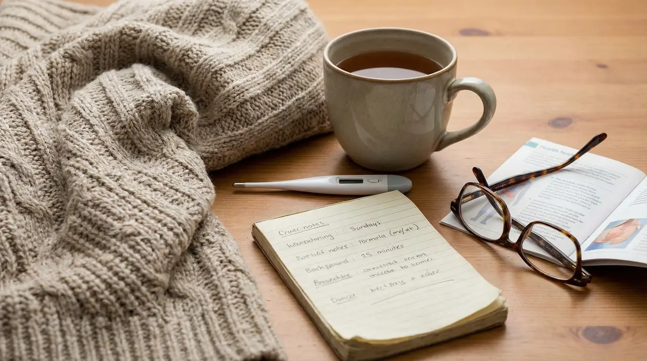 Taccuino, termometro, tazza di tè e maglione su un tavolo di legno