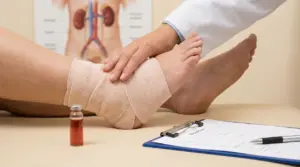 Un medico esamina la gamba di una persona con bendaggio, accanto a una fiala e un modulo medico