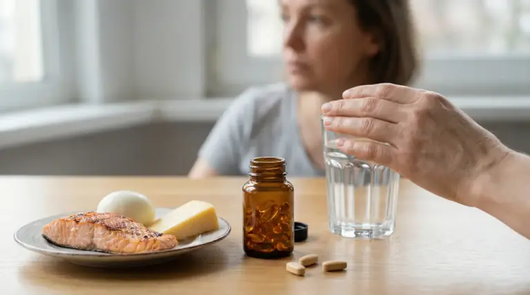 Persona davanti a un piatto con salmone, uovo, formaggio e integratori alimentari