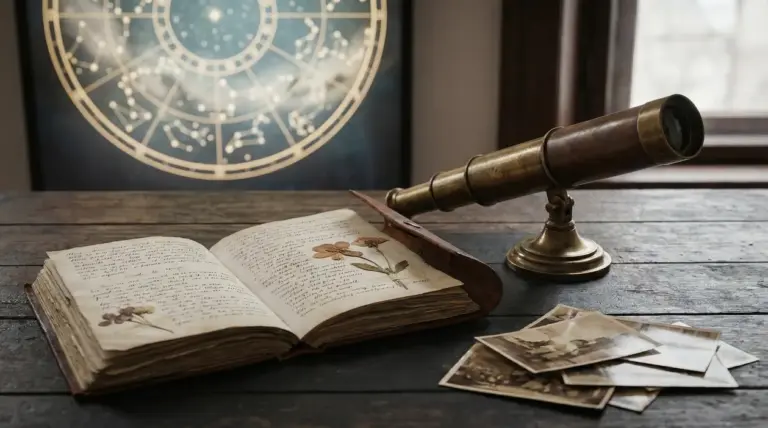 Vecchio libro aperto, fotografie in bianco e nero, telescopio e carta astrologica su tavolo di legno