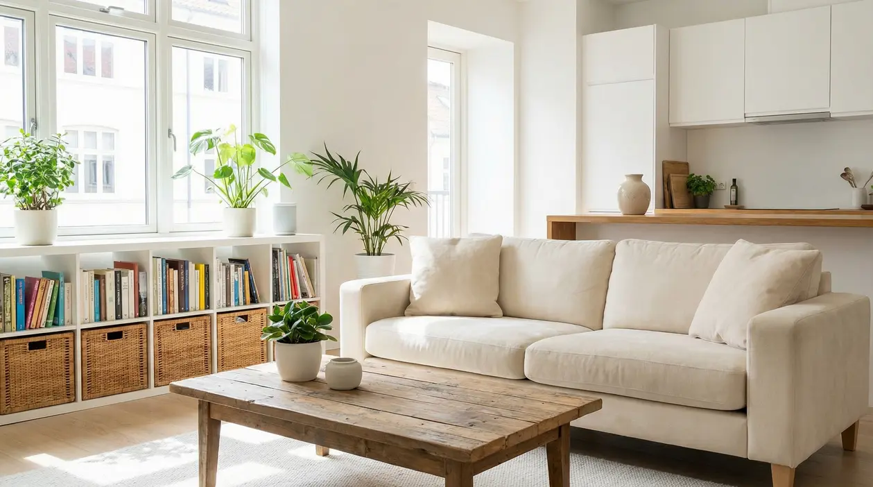 Soggiorno ordinato con divano chiaro, tavolino in legno e piante verdi vicino alla finestra