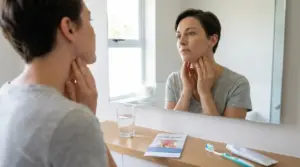 Persona che si osserva la gola davanti allo specchio, toccandosi il collo