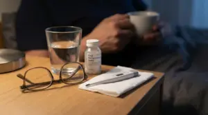 Occhiali, termometro e sali reidratanti su un comodino accanto a un bicchiere d'acqua