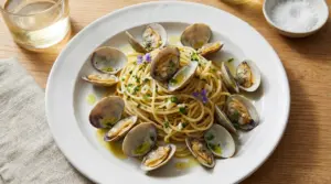 Piatto di spaghetti alle vongole con prezzemolo e fiori commestibili su tavolo in legno