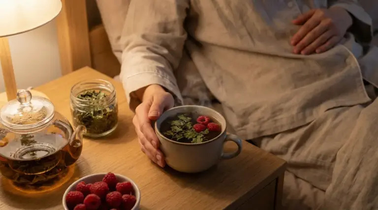 Persona a letto con una tisana a base di erbe e lamponi su un comodino