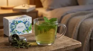 Tisana alla melissa in una tazza trasparente con foglie fresche su un comodino