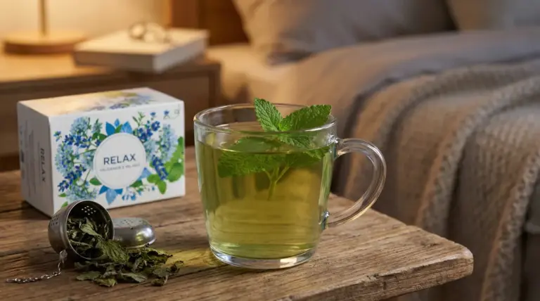 Tisana alla melissa in una tazza trasparente con foglie fresche su un comodino