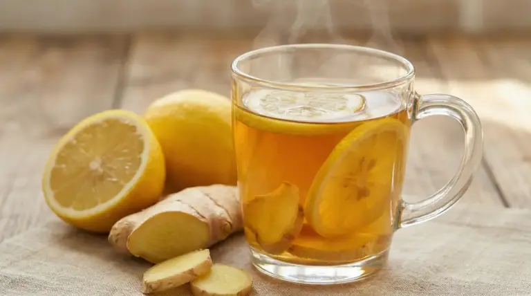 Tisana calda allo zenzero e limone in una tazza di vetro con fette di limone e radice di zenzero