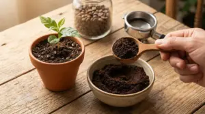 Fondi di caffè in un cucchiaio vicino a una pianta in un vaso di terracotta